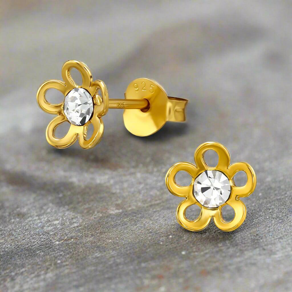 Gold Stud Earrings – Small Flower Studs with Sparkling Cubic Zirconia Gems - Crumble and Core