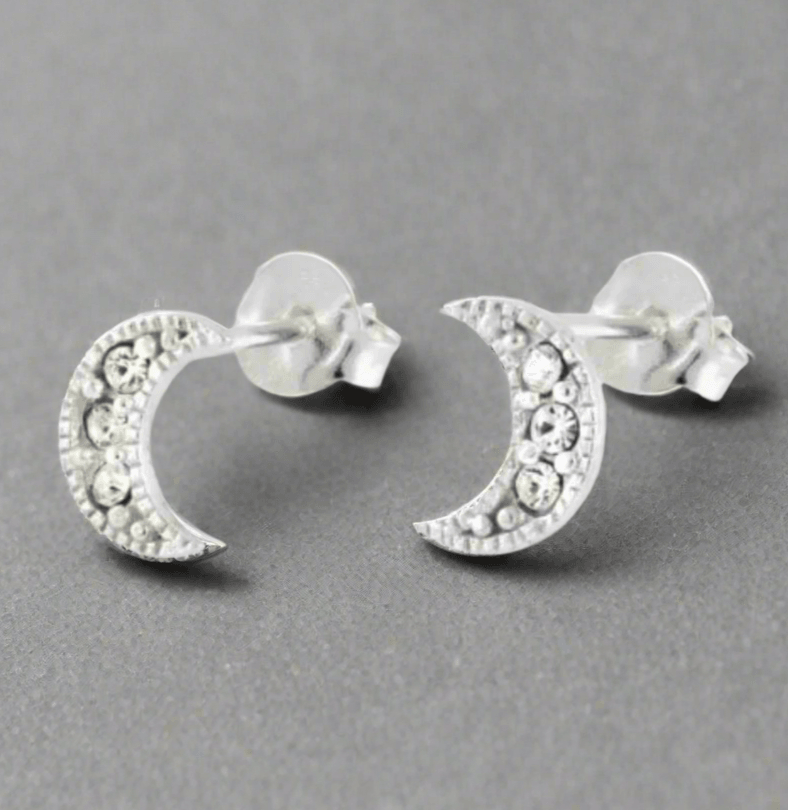 Silver Moon Earrings – Crescent Crystal Studs | Hypoallergenic Sterling Jewelry - Crumble and Core