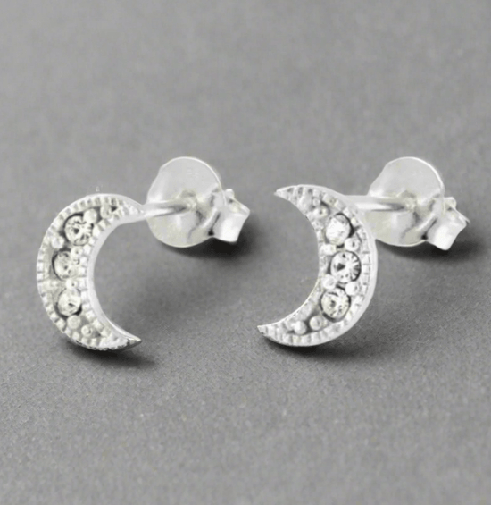 Silver Moon Earrings – Crescent Crystal Studs | Hypoallergenic Sterling Jewelry - Crumble and Core