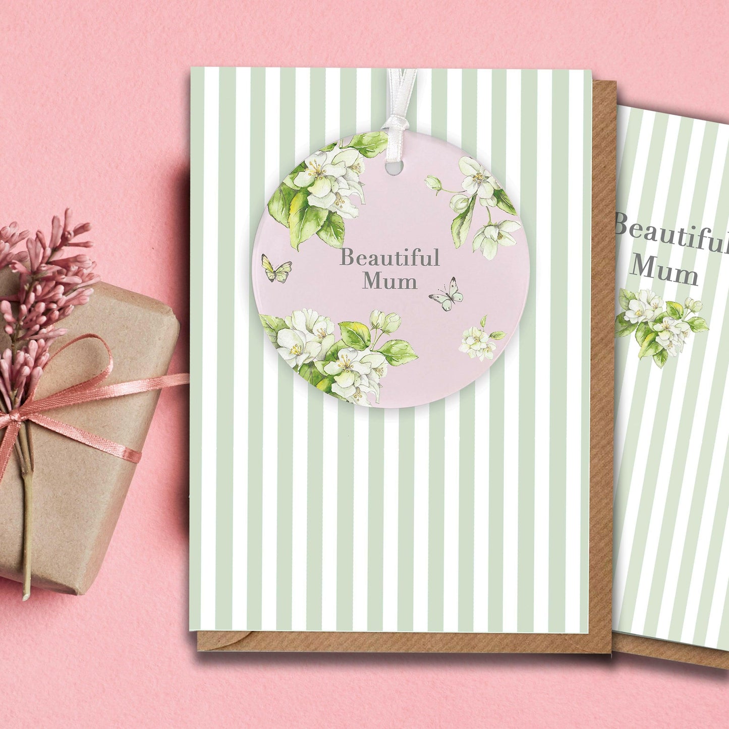 Ceramic Keepsake Hanging Decoration - A6 Greeting Card with Ceramic Keepsake - Blossom Pink Beautiful Mum - Crumble and Core