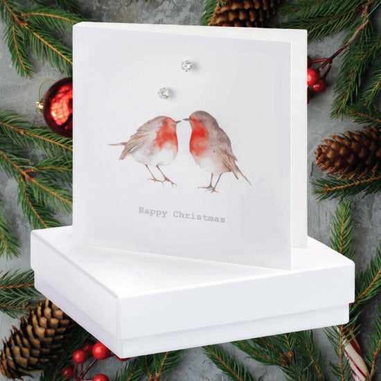 Sterling Silver Stud Earrings on Robins Christmas Card - Boxed Gift - Christmas Card - Crumble and Core