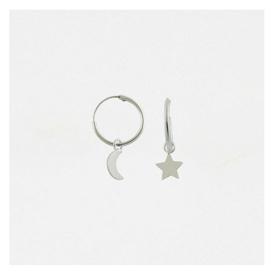 Sterling Silver Hoop Earrings – 12mm Huggie Hoops with Moon & Star Charms - Crumble and Core