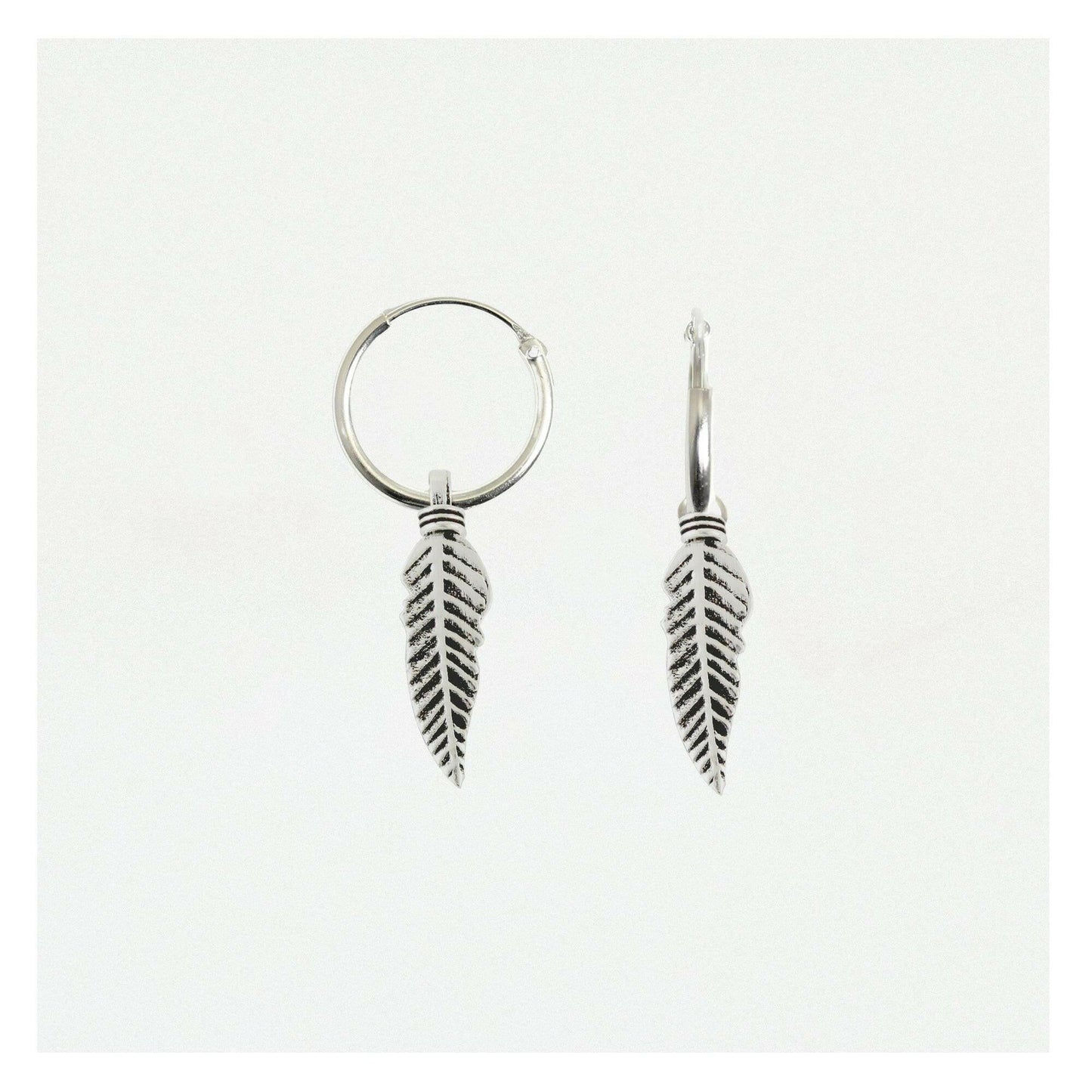 Silver Hoop Earrings – 925 Sterling Huggie Hoops with Feather Charm 12mm - Crumble and Core