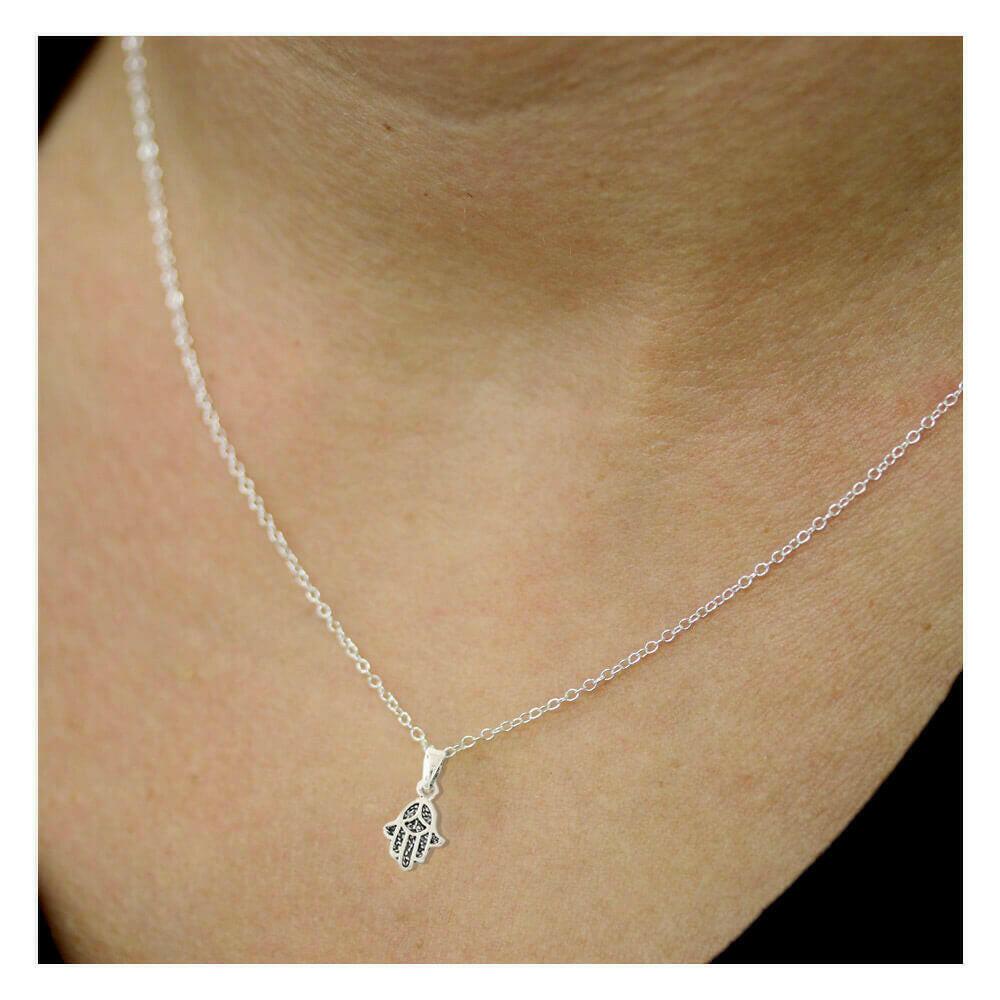 Sterling Silver Hamsa Necklace - Protective Amulet Pendant Jewelry - Crumble and Core