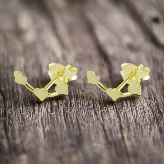Gold Plated Silver Earrings – Triple Heart Design Sterling Silver Studs Gift - Crumble and Core