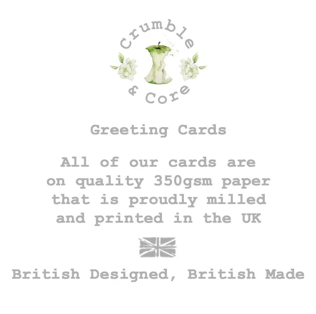 Crumble and Core greeting cards info with apple core logo, UK flag, artisanal British design.