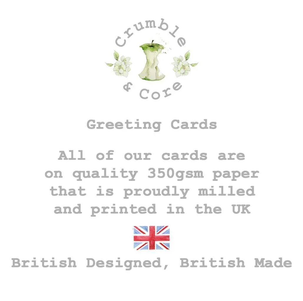 Crumble and Core greeting cards info with British flag, promoting UK-made quality paper cards.
