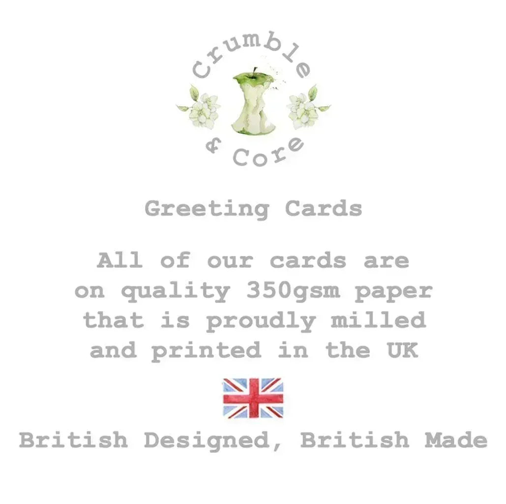 Crumble and Core British designed greeting cards logo with UK flag and quality paper details.