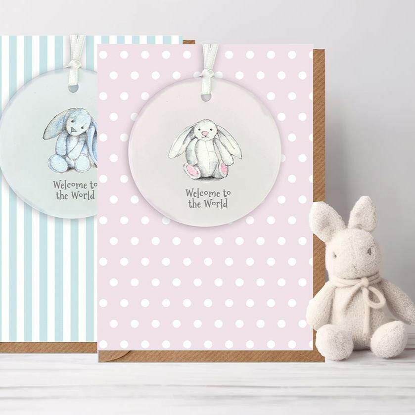 Ceramic Keepsake Hanging Decoration - A6 Greeting Card with Ceramic Keepsake - Baby Girl Bunny - Crumble and Core