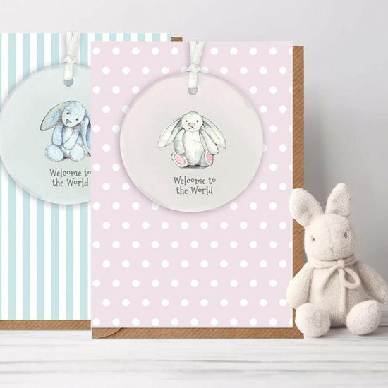 Ceramic Keepsake Hanging Decoration - A6 Greeting Card with Ceramic Keepsake - Baby Girl Bunny - Crumble and Core