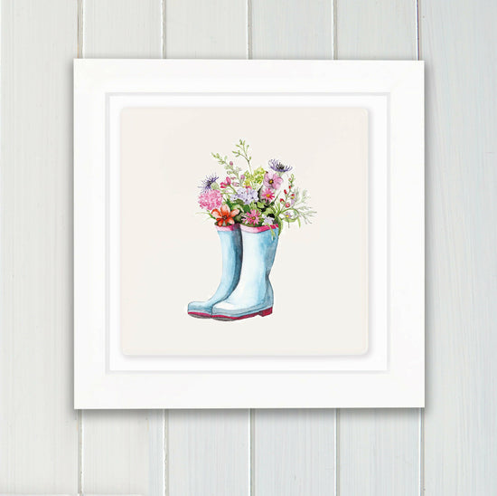 Hand Finished Ceramic Framed Tile Print - Flowers & Wellies Design - Home Decor - Gifts for Her - Crumble and Core