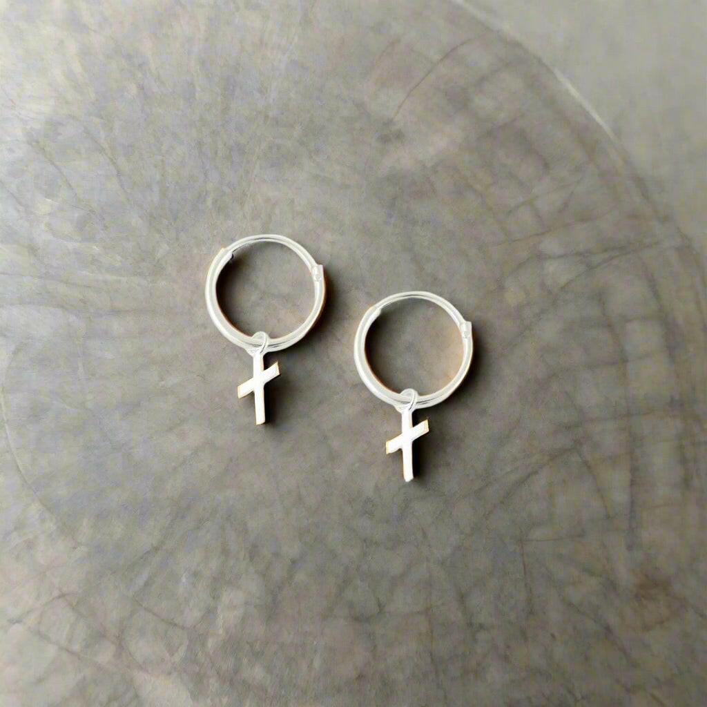 Silver Cross Earrings – Sterling Silver 925 Huggie Hoop Earrings 12mm Gift - Crumble and Core