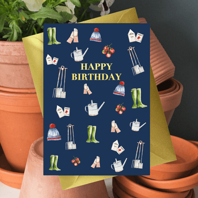 Mens Navy A6 Foiled Greeting Card - Gardening Happy Birthday Design - Crumble and Core