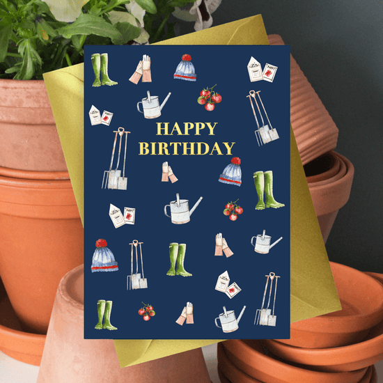 Mens Navy A6 Foiled Greeting Card - Gardening Happy Birthday Design - Crumble and Core