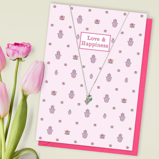 Sterling Silver Hamsa Pendant Necklace and Crystal Charm Card - Crumble and Core