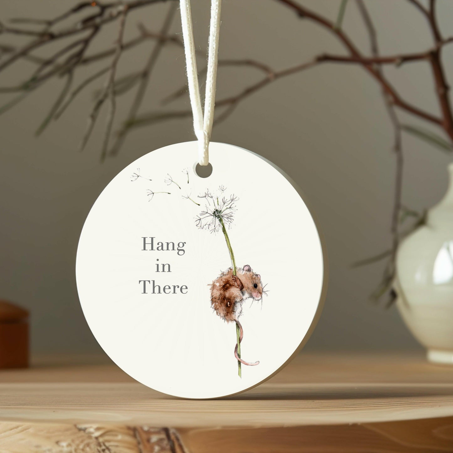 Ceramic Keepsake Hanging Decoration - A6 Greeting Card with Ceramic Keepsake - Mouse Hang In There - Crumble and Core
