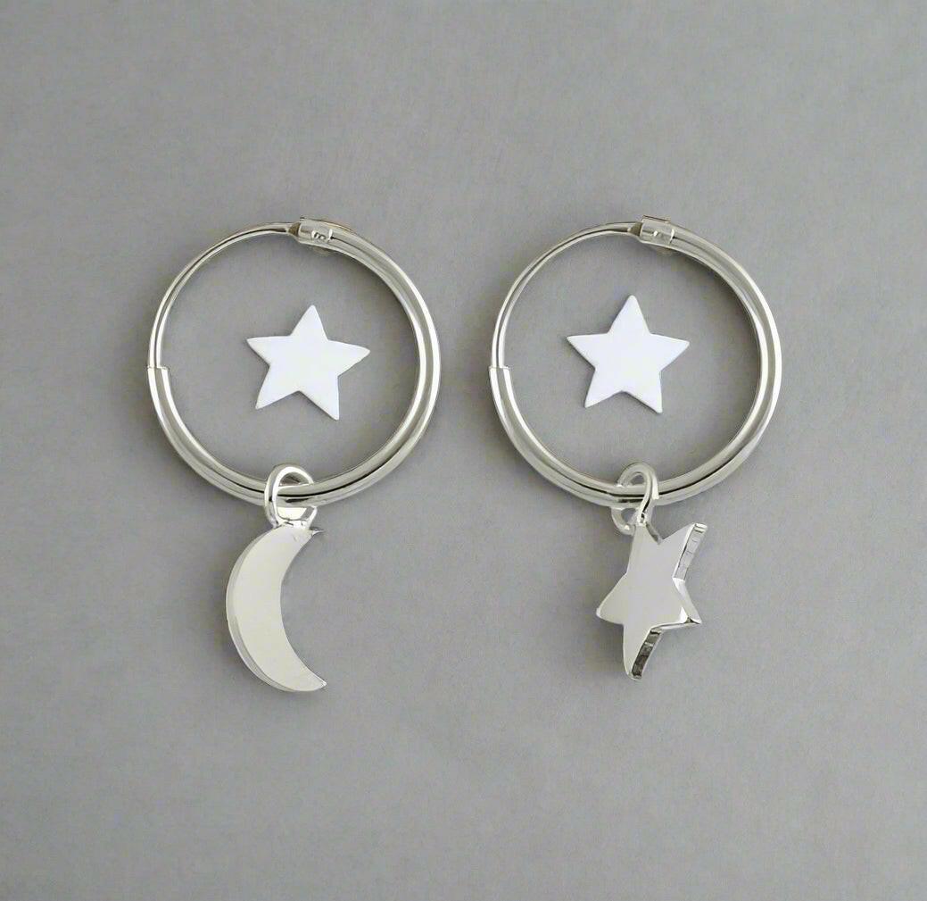 Sterling Silver Hoop Earrings – 12mm Huggie Hoops with Moon & Star Charms - Crumble and Core