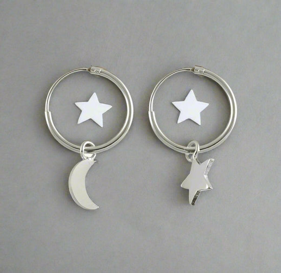 Sterling Silver Hoop Earrings – 12mm Huggie Hoops with Moon & Star Charms - Crumble and Core