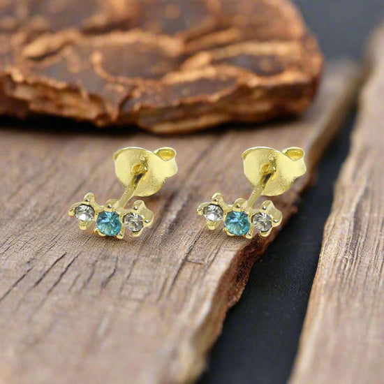 24K Gold Studs – Sterling Silver Earrings With Crystal & Aqua Ear Studs - Crumble and Core