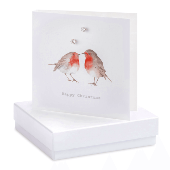 Sterling Silver Stud Earrings on Robins Christmas Card - Boxed Gift - Christmas Card - Crumble and Core