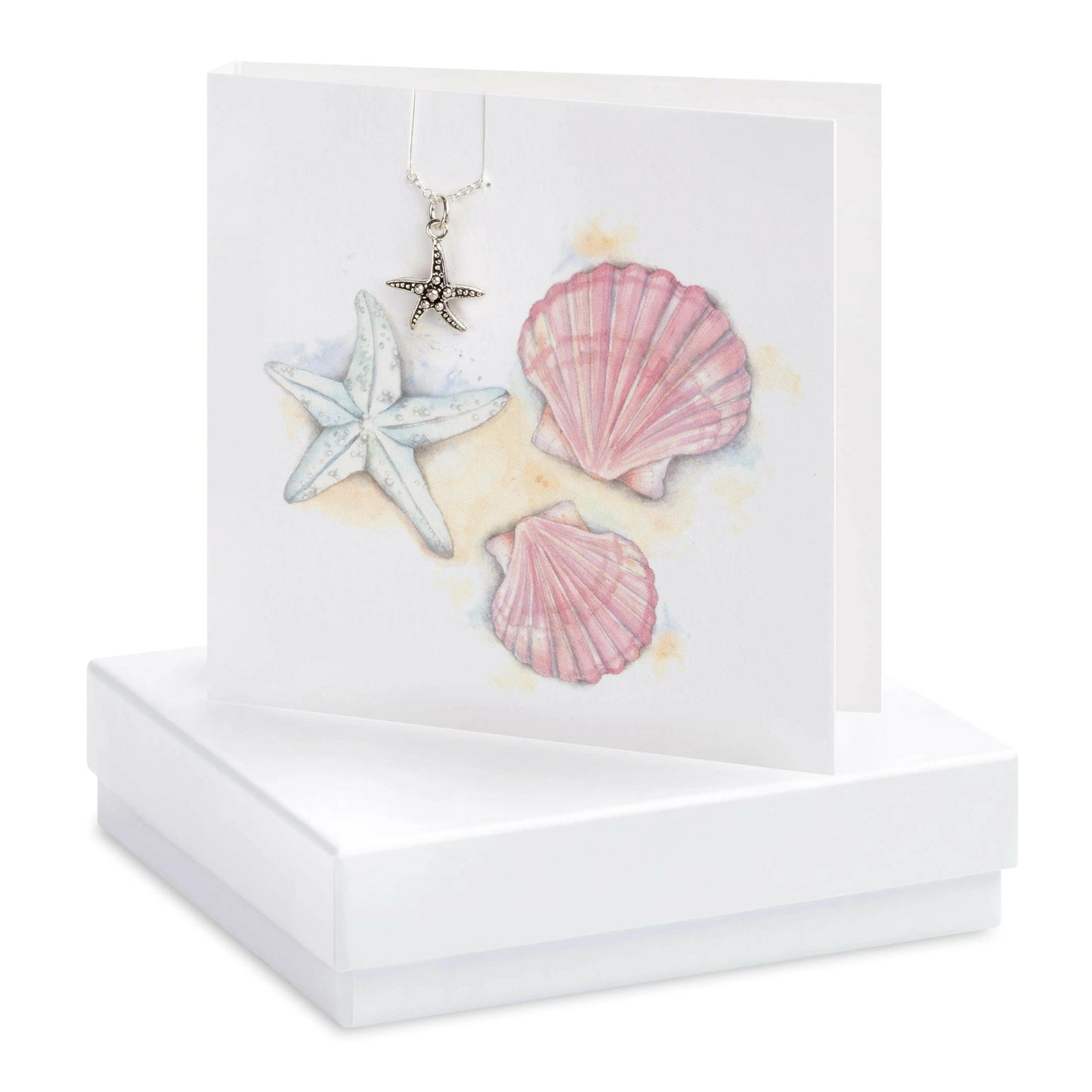 Sterling Silver Starfish Pendant Necklace - Hand-Finished Gift Set with Greeting Card Gift Box and Sea Shells - Crumble and Core
