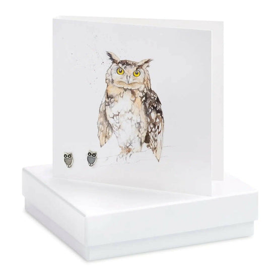 Sterling Silver Owl Stud Earrings on Elegant Card - Perfect Gift for Her - Handcrafted - Crumble and Core