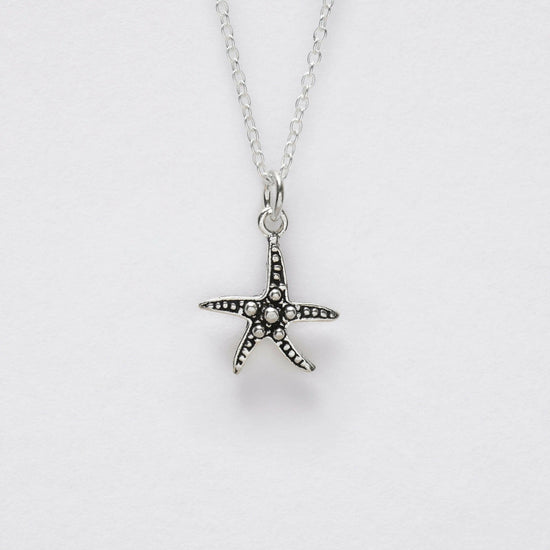 Sterling Silver Starfish Pendant Necklace - Hand-Finished Gift Set with Greeting Card Gift Box and Sea Shells - Crumble and Core