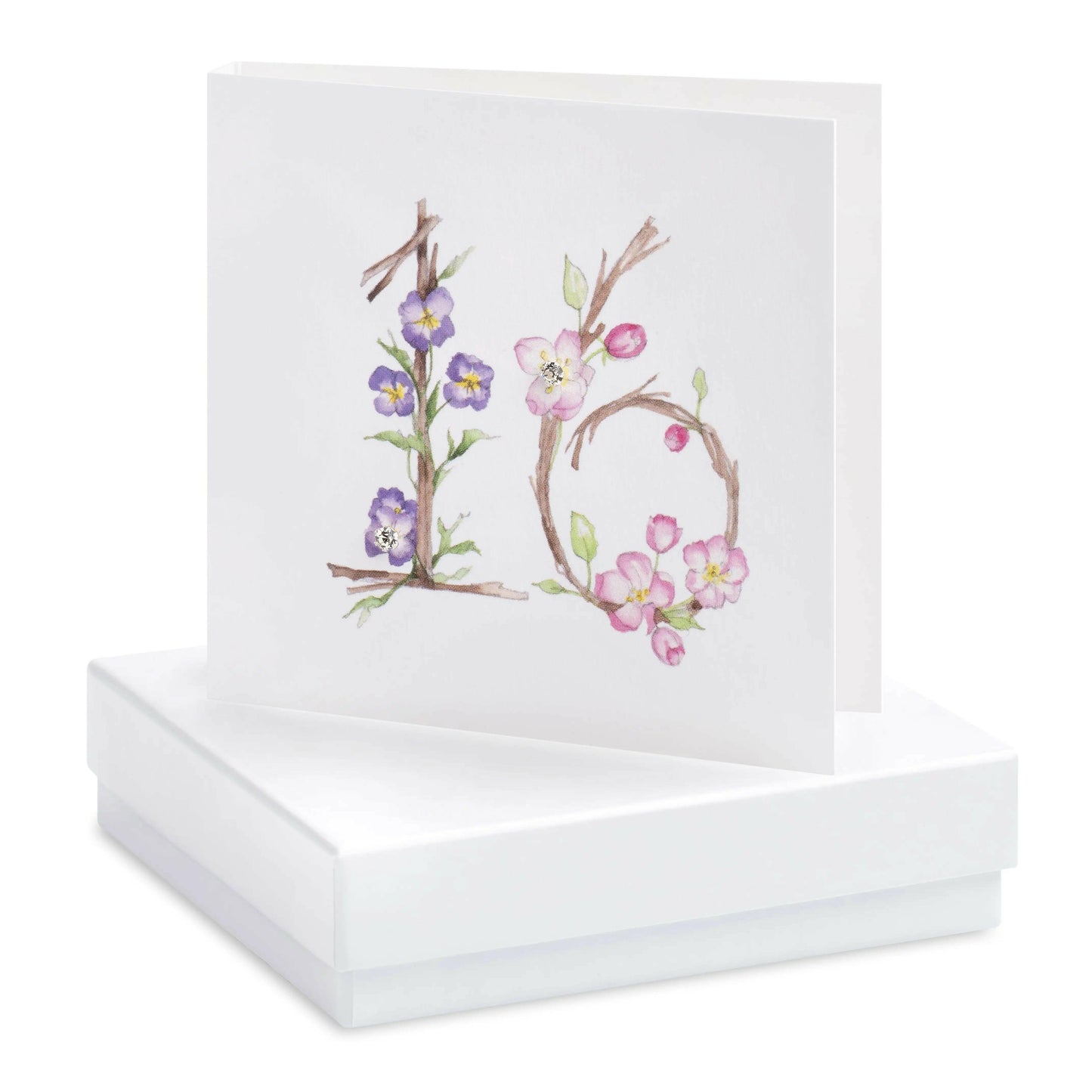 Handcrafted Crumble and Core floral 16th birthday card on white gift box