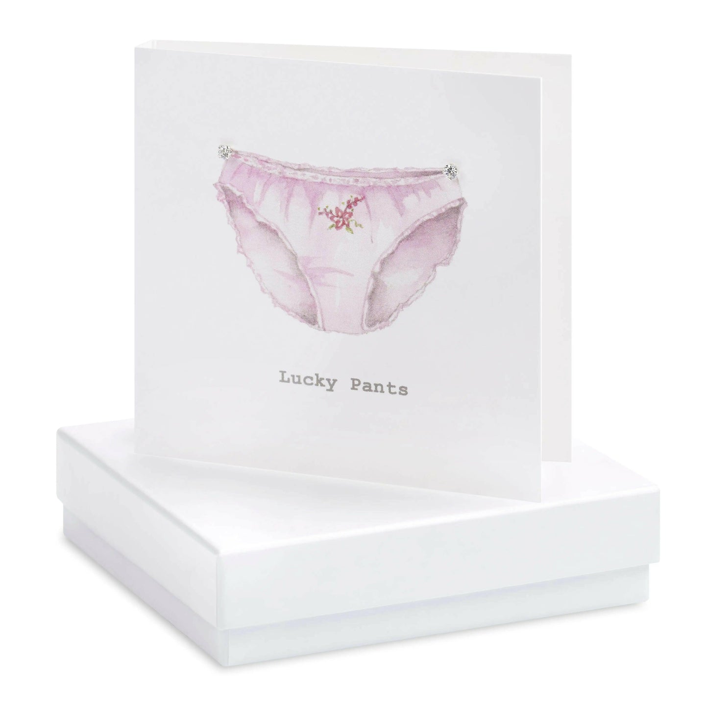 Crumble and Core handcrafted card with pink floral lucky pants illustration on a gift box