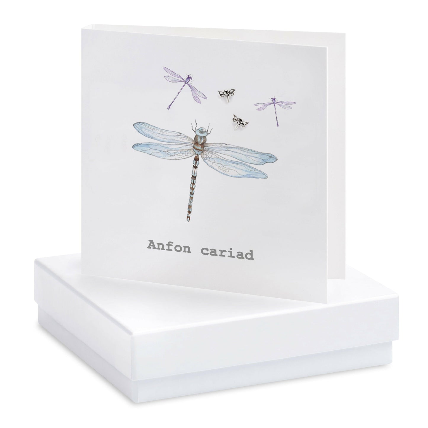 Handcrafted Crumble and Core boxed greeting card with dragonflies and 'Anfon cariad' text