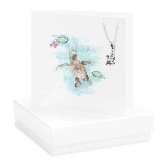 Sterling Silver Turtle Pendant Necklace - Gift Set with Box and Greeting Card - Crumble and Core